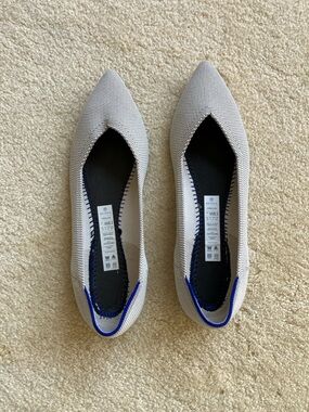Rothy's Pointed Knit Flats in Cream with Blue Accent